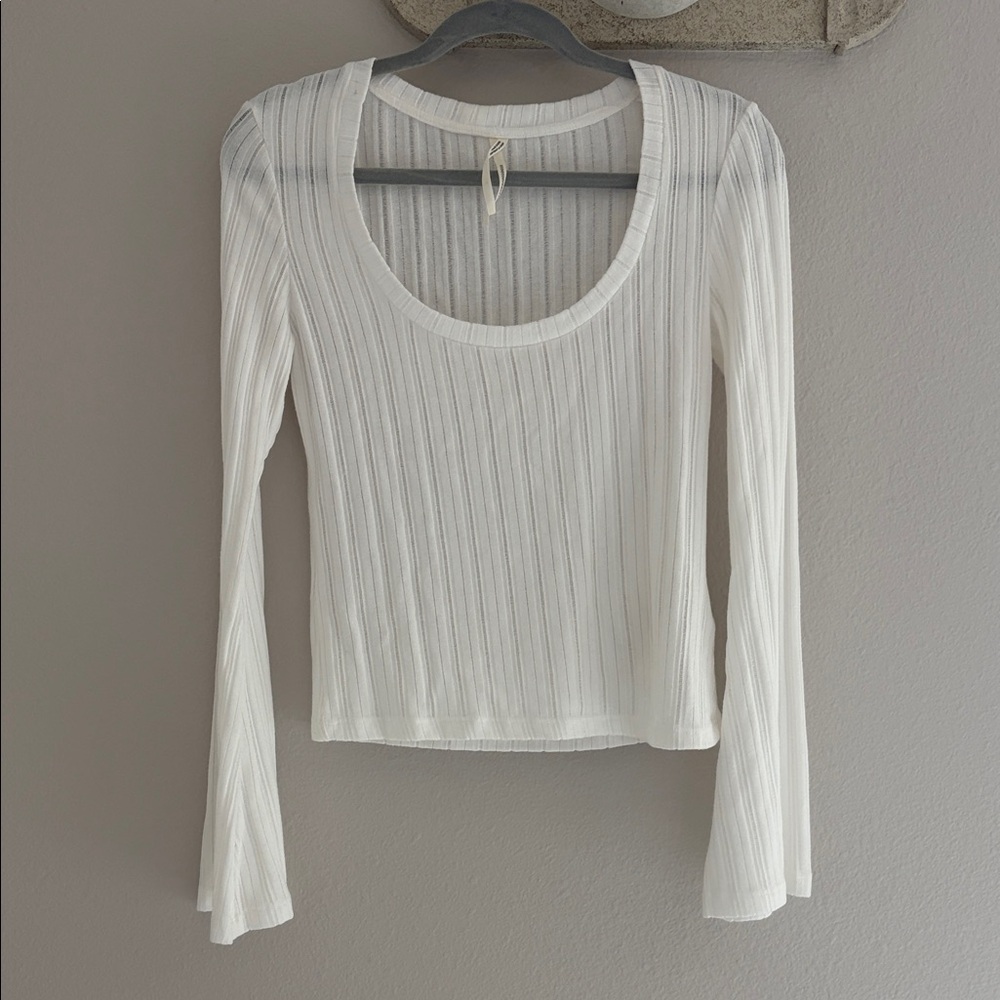 Anthropologie White Ribbed Scoop Neck Flare Long Sleeve Top